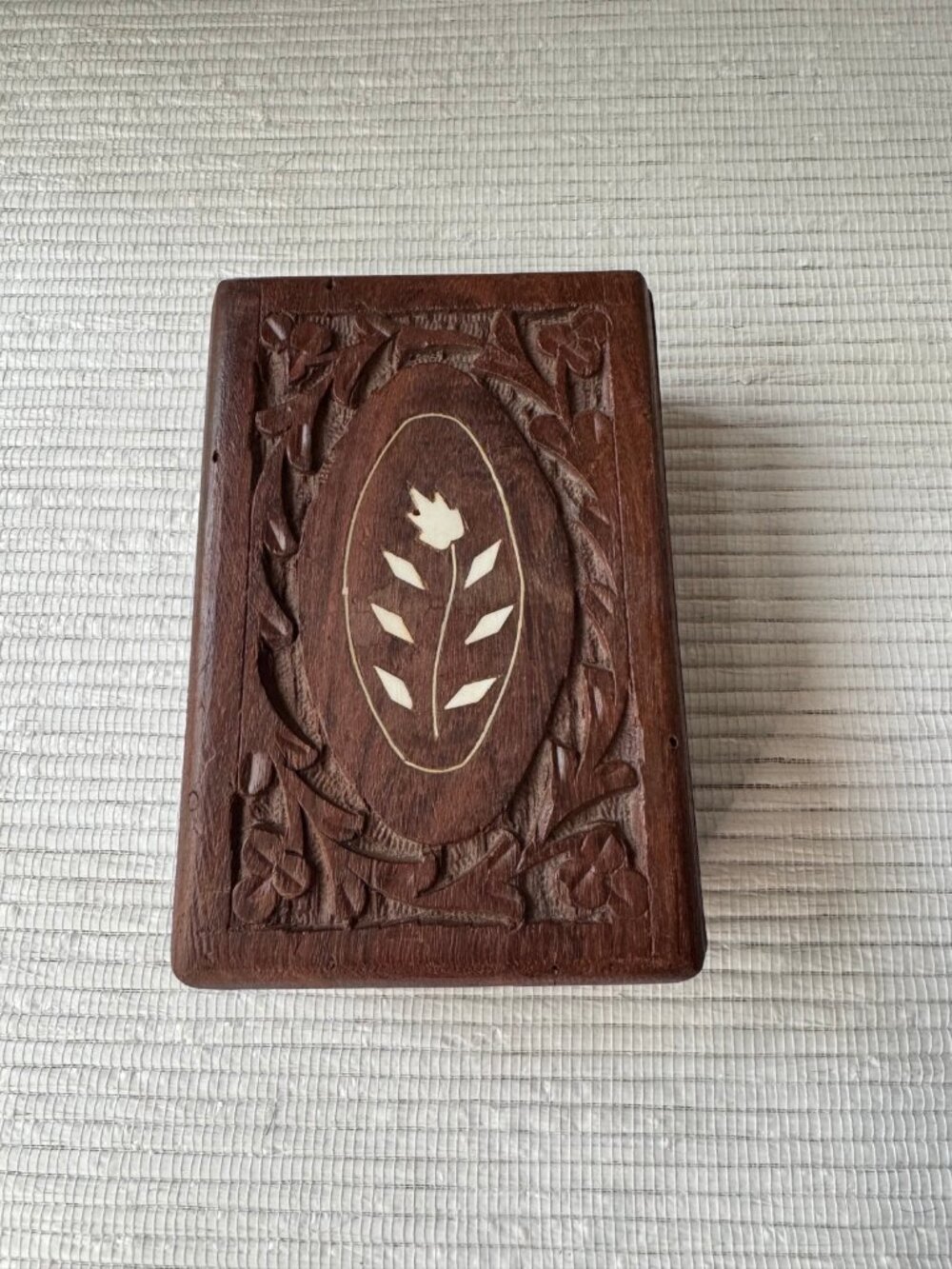 Carved Wood Box | Inlaid Floral Lid, Hinged Keepsake Box